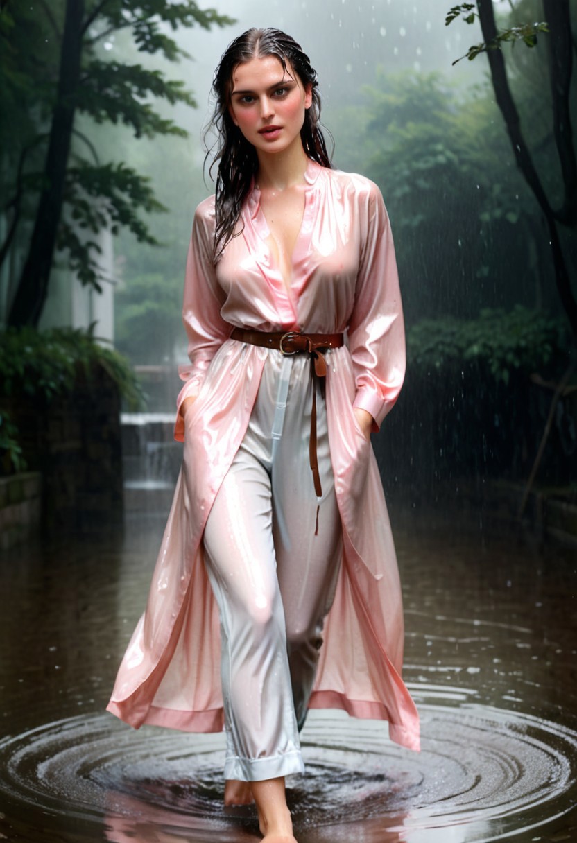 woman 30 YO, foto, masterpiece, score_9, long  dark,((drenched wet))hair, realistic, brown eyes, soaked wet clothes,beautiful, ((realistic)), Raw Photo,  Her sexy body stiff tits and nipples are shimmering through her wet clothes. Fully clothes bathing, Fashion Bath. Wet, colorful Girls Dress and Sweet fashion, aristocratic, pink blouse, silk pants,belt, robe.