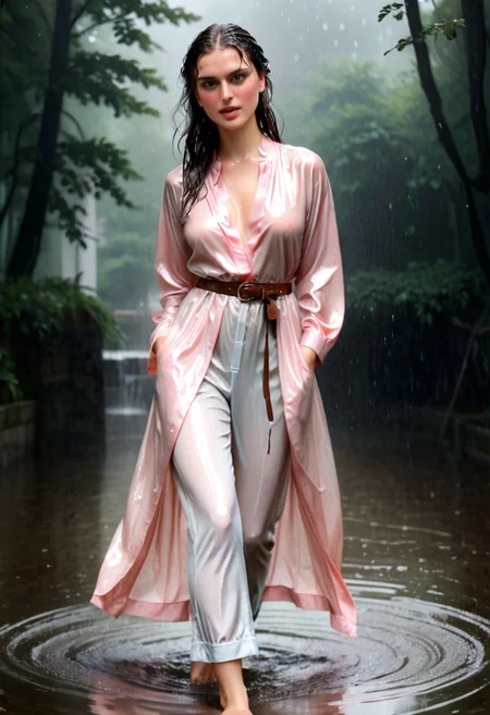 woman 30 YO, foto, masterpiece, score_9, long dark,((drenched wet))hair, realistic, brown eyes, soaked wet clothes,beautiful, ((realistic)), Raw Photo, Her sexy body stiff tits and nipples are shimmering through her wet clothes. Fully clothes bathing, Fashion Bath. Wet, colorful Girls Dress and Sweet fashion, aristocratic, pink blouse, silk pants,belt, robe.