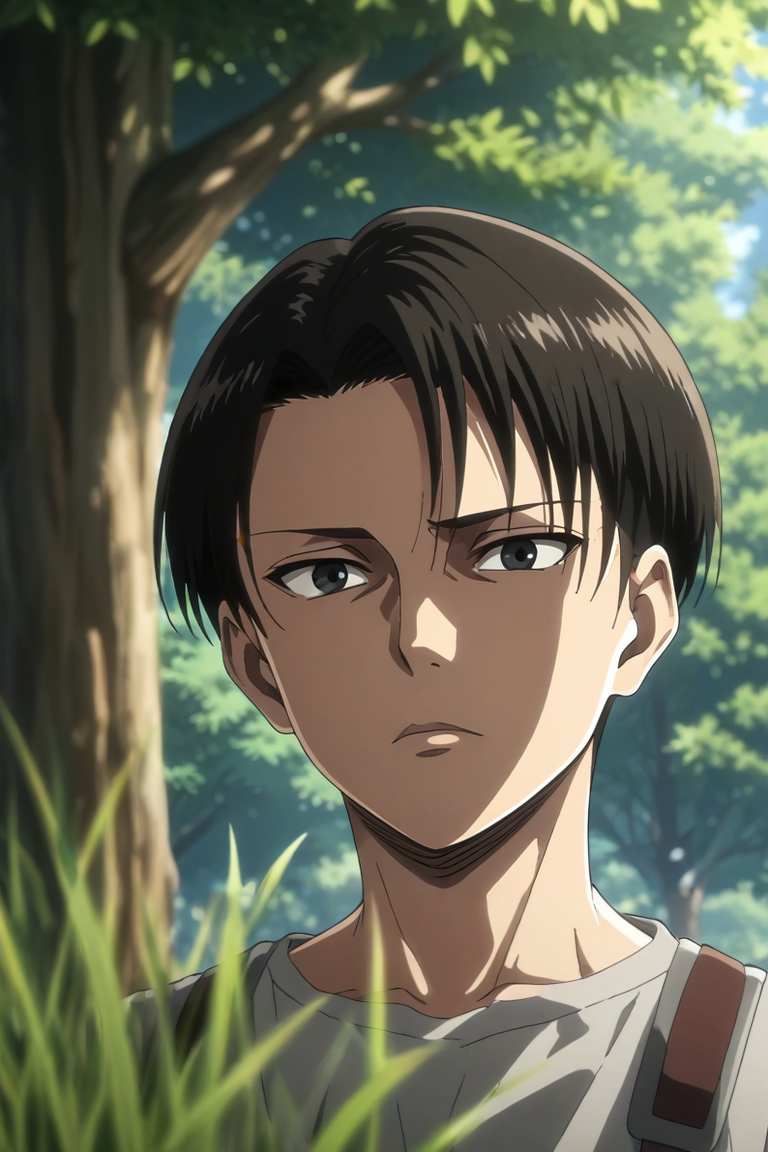 score_9, score_8_up, score_7_up, source_anime, rating_safe, , anime screencap, anime coloring, official style, looking at viewer, depth of field, 1boy, solo, male focus, <lora:levi_ackerman_pony:0.92>, levi_ackerman, black hair, black eyes, short hair, curtained hair, , from below, grass, tree, noon, twisted torso, relaxed, , <lora:sdxl_lightning_8step_lora:1>