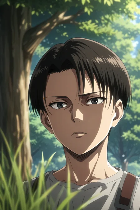 score_9, score_8_up, score_7_up, source_anime, rating_safe, , anime screencap, anime coloring, official style, looking at viewer, depth of field, 1boy, solo, male focus, <lora:levi_ackerman_pony:0.92>, levi_ackerman, black hair, black eyes, short hair, curtained hair, , from below, grass, tree, noon, twisted torso, relaxed, , <lora:sdxl_lightning_8step_lora:1>
