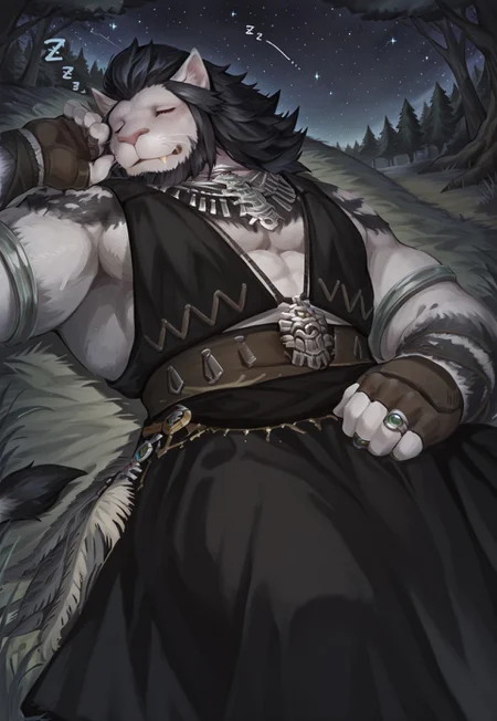 safe_pos, high quality, high detail, best quality, 1boy, solo, Runar, furry, cat, cat ears, animal ears, yellow eyes, whiskers, fangs, beard, facial hair, black hair, long hair, white fur, two-tone fur, claws, tail, RunarOutfit, necklace, jewelry, black vest, belt, fingerless gloves, ring, long skirt, feathers, feet out of frame, laying, grass, laying in grass, sleeping, zzz, closed eyes, eyes closed, outdoors, forest, night, stars in sky, stars (sky)