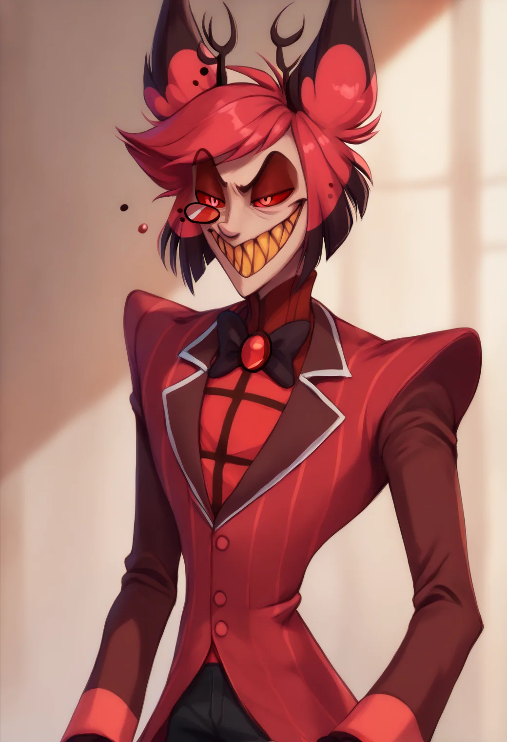 <lora:hazbin_hotel_ponyxl_v2-000025:0.9>, alastor, monocle, solo, 1boy, standing, suit, evil grin, sharp teeth
BREAK
score_9, score_8_up, score_7_up, score_6_up, <lora:PersonalAmi_PonyXL_resize:1>