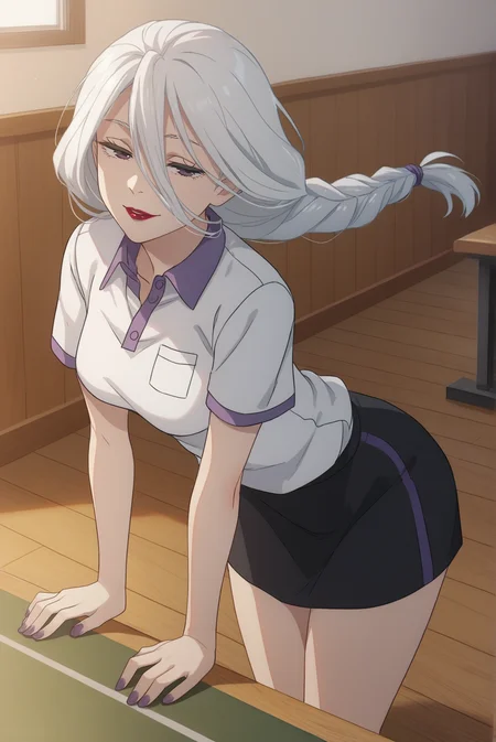 score_9, score_8_up, score_7_up, score_6_up, score_5_up, score_4_up, BREAK source_anime, 1girl, solo,
<lora:MeimeiXL-v1-06:0.8>, ChopioMeiMei, white hair, looking at viewer,
medium breasts, purple nails,
long hair, braided ponytail, long bangs, hair tie, hair between eyes, red lipstick, half-closed eyes,
outfit_3, white shirt, polo shirt, short sleeves, black skirt,
indoors, gym, wooden floor, seductive smile, parted lips, thighs, standing, open collar, table tennis paddle, holding,
