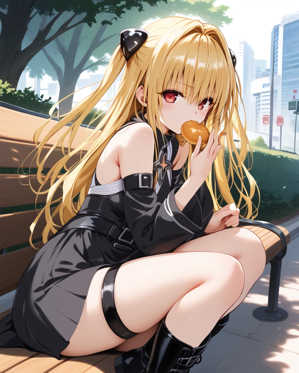score_9, score_8_up, score_7_up, score_6_up, score_5_up, score_4_up, source_anime, screenshots, <lora:toloverudarkness_pony_v1_uo-000020:1>1girl, konjiki no yami, long hair, blonde hair, two side up, hair ornament, red eyes, black dress, bare shoulders, detached sleeves, boots, thigh strap, taiyaki, eating taiyaki, from side, looking at viewer, blush, open mouth,ãpark bench,