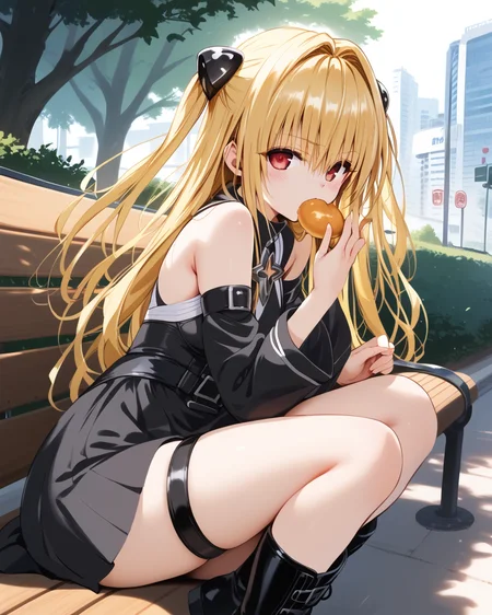 score_9, score_8_up, score_7_up, score_6_up, score_5_up, score_4_up, source_anime, screenshots, <lora:toloverudarkness_pony_v1_uo-000020:1>1girl, konjiki no yami, long hair, blonde hair, two side up, hair ornament, red eyes, black dress, bare shoulders, detached sleeves, boots, thigh strap, taiyaki, eating taiyaki, from side, looking at viewer, blush, open mouth,ãpark bench,