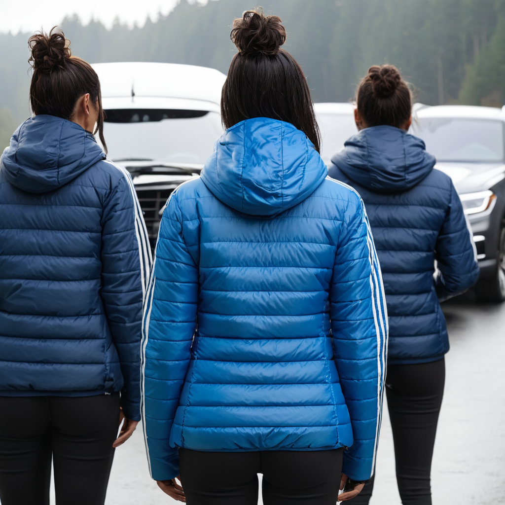 (dark cinematic still, dark vibes) sexy slim skinny group of american middle aged women ,unique, wearing a hooded blue  from behind adidas_puffer_jacket, unique hair styles, 8k uhd, dslr, high quality, photorealistic, realism, hyperrealism,  ((car scene)),
<lora:adidas_puffer_jacket_v1:1>
