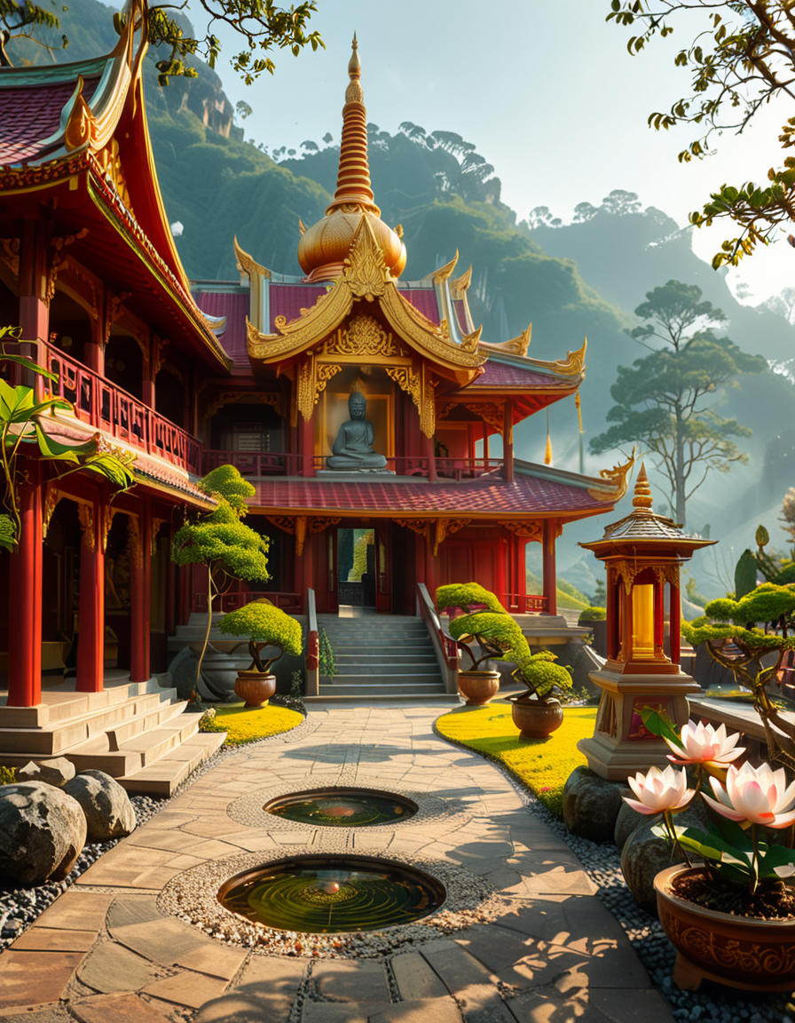 A majestic Buddhist temple nestled in a lush, misty mountain landscape. The temple features traditional curved rooftops with golden ornaments, intricate wooden carvings, and red and gold-painted walls. Large prayer flags in vibrant colors flutter in the wind, adding a spiritual atmosphere. A long stone staircase, partially covered in moss, leads to the main entrance, where a pair of large guardian statues stand watch. The scene is bathed in soft morning light, with gentle rays filtering through the mist, creating a serene and mystical ambiance. The background consists of towering green mountains and a sky with soft pastel hues. In the foreground, a Buddhist monk in deep orange robes walks peacefully along a stone pathway, holding a string of prayer beads. The overall composition conveys a sense of tranquility, spirituality, and harmony with nature.
<lora:SDXLFaeTastic2400:0.4> <lora:extremely_detailed:0.4> extremely detailed,<lora:Buddhist_t3mpl3:1>,Buddhist t3mpl3, Masterpiece,best quality,hi res,8k,hi res,8k,award winning,(sharp focus, intricate, highly detailed),