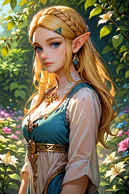score_9, score_8_up, score_7_up, score_6_up
<lora:PZelda:1.0>
PZelda, 1girl, blonde hair, long hair, blue eyes, pointy ears, looking at viewer, standing in a sunlit garden, surrounded by blooming flowers, soft focus background with bokeh, gentle breeze rustling through leaves, romantic and dreamy ambiance