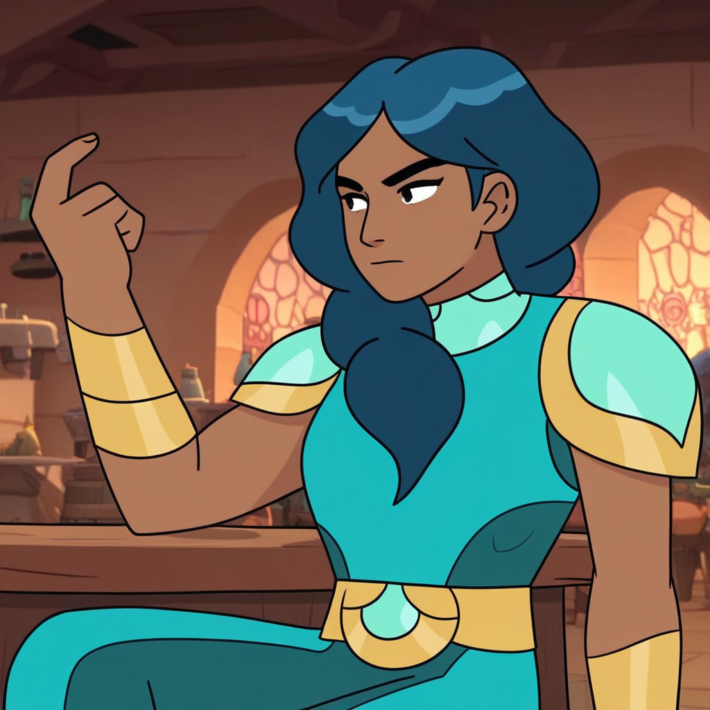 score_9, solo, mermista, long hair, blue hair, dark skin, dark-skinned female, armor, tavern,