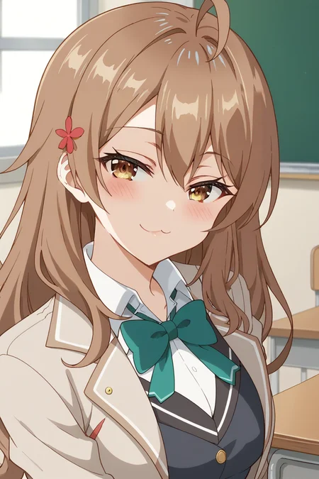 score_9, score_8_up, score_7_up, source_anime, 1girl, prefect lighting, very aesthetic, intricate details, highly detailed background, masterpiece, high quality, prefect hands, best quality, solo,
<lora:Maria_Roshidere_V1:.85>, KJOmaria, brown hair, brown eyes, hair between eyes, ahoge, long hair, hair hair ornament,
school uniform, black skirt, beige open jacket, green bowtie,
portrait, smug, looking at viewer, head tilt, blush, cat mouth,
classroom, desks,
(Beautiful, medium Breasts:1.2), natural breasts,