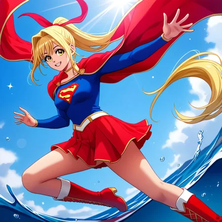 Marin, with her serene and caring personality, brings a graceful and ethereal presence to the classic Supergirl costume. The vibrant blue top, adorned with the iconic red and yellow 'S' emblem, harmonizes beautifully with her calming aura and her connection to the ocean. Her long, flowing blonde hair, reminiscent of sunlight on the water, cascades down her back, blending seamlessly with the flowing red cape that adds a heroic touch to her gentle demeanor. The red skirt and knee-high boots complete her outfit, giving her an elegant yet powerful appearance.
With her warm smile and compassionate gaze, Marin embodies a kind and empathetic Supergirl who protects and inspires with love and grace. She carries an air of tranquility that perfectly complements the costume’s heroic symbolism, representing a hero who draws her strength from a deep well of inner peace and resolve. Marin’s take on Supergirl merges serenity with power, creating a uniquely uplifting and harmonious vision of the iconic character.marine, long hair, ponytail, hair intakes, hair between eyes, blonde hair, yellow eyes, hair ribbon, medium breasts,