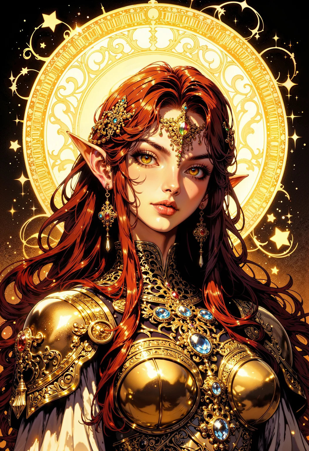 a digital illustration in a fantasy art style, featuring an ethereal, regal female character. The subject is a young woman with strikingly long, flowing, auburn hair adorned with intricate golden jewelry. Her pointed ears suggest she is an elf. She has a fair, radiant complexion with a subtle, golden sheen, giving her an almost otherworldly glow. Her eyes are large, almond-shaped, and an intense golden color, framed by elegantly arched eyebrows.
She wears a lavish, ornate golden headpiece with a central, glowing gemstone, and her hair is cascading down her shoulders, adding to her majestic appearance. Her attire is equally elaborate, with a high-collared, golden armored chest piece that features detailed, swirling patterns and large, sparkling gemstones. Delicate, dangling earrings and a necklace with similar designs complement her ensemble.
The background is a mesmerizing mix of gold and black, with intricate, swirling patterns and glowing stars, creating a celestial, mystical atmosphere. The central figure is framed by a radiant, golden halo-like structure that enhances her divine and powerful aura. The entire composition exudes a sense of fantasy, opulence, and mysticism.
<lora:RetroAnimeFluxV1:0.5> <lora:Comic book V2:0.6> <lora:FluxMythG0thicL1nes:0.6> <lora:Elden_Ring_-_Yoshitaka_Amano:0.6>