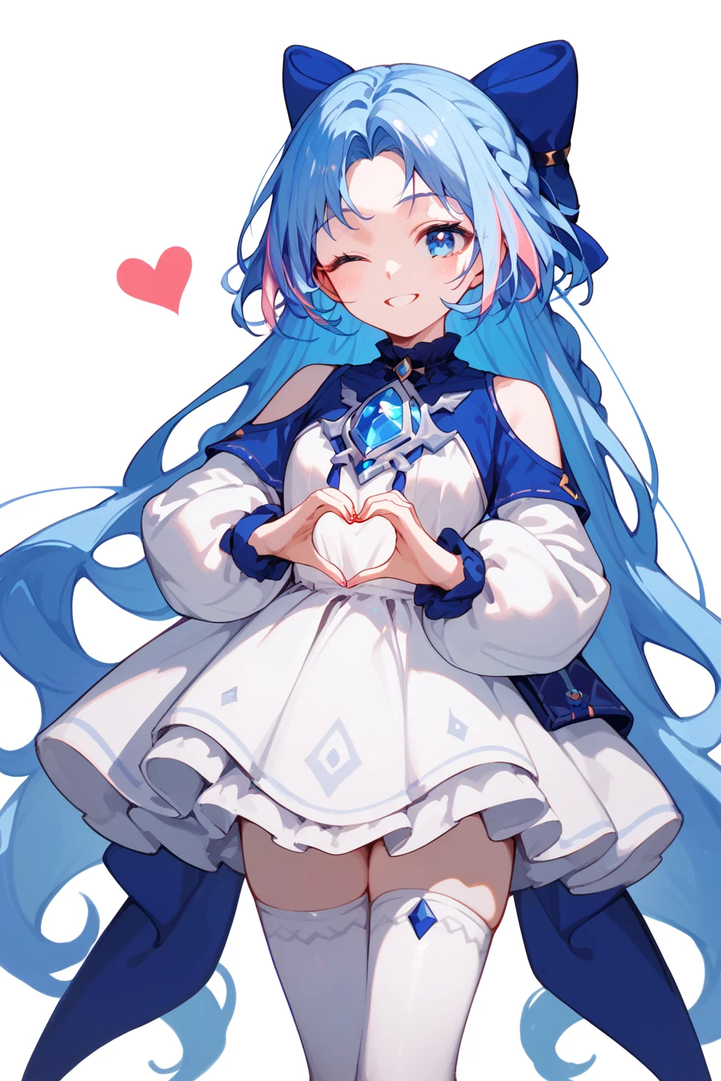 (score_9,score_8_up,score_7_up,),<lora:shume-000020:0.9>,shume,multicolored hair,long hair,pink hair,hair bow,parted bangs,blue eyes,blue hair,white thighhighs,white dress,braid,heart hands,cowboy_shot,wink,smile,