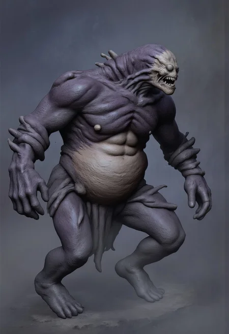 aidmaMJ6.1, Made out of paper, a PaperStyle , d4artstyle, d4concept, , d00mstyle, made of clay, ZBClay model of a gray sculpture
A grotesque, hulking creature with a bulbous, swollen body covered in thick, leathery skin. The creature's upper torso is hunched, giving it a lumbering appearance, while its limbs are long and sinewy, ending in sharp, clawed appendages. The skin is a dark, mottled purple, appearing almost bruised, with a pale, bloated belly that contrasts sharply against the rest of its form. The head is small in comparison to its body, with a distorted, insectoid face that includes multiple small eyes and mandible-like protrusions around its mouth. The creature's stance is menacing, with a slightly forward-leaning posture that emphasizes its predatory nature. The overall design evokes a sense of primal horror, combining elements of insect and abomination.
Background solid color with a faded dimly lit, fog-covered darkness tone that emphasizes its silhouette.
The medium is not a traditional painting or illustrative medium like watercolor or ink but rather a digital rendering, eerie and unsettling.