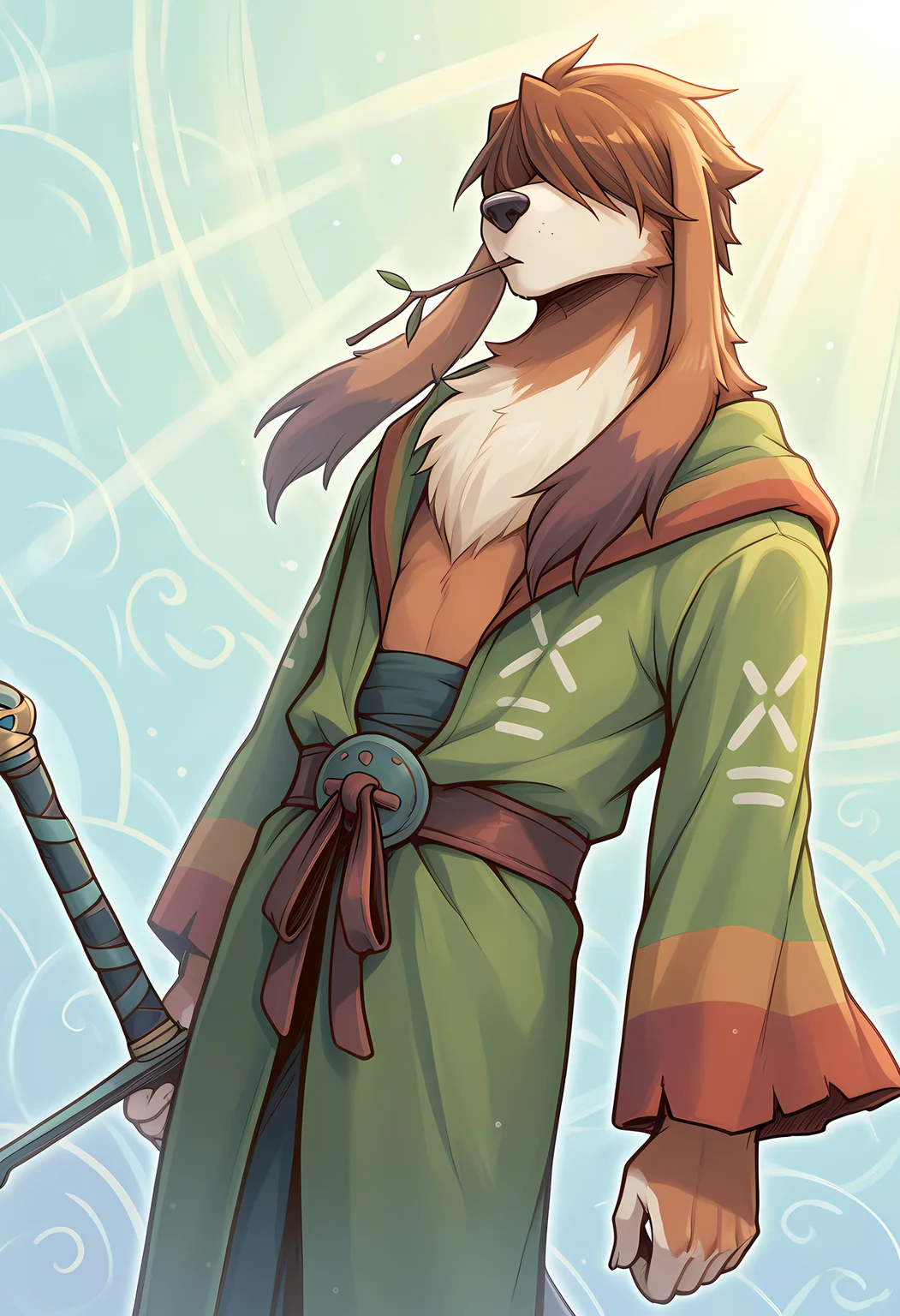 masterpiece, best quality, amazing quality, dutch angle, abstract background, BREAK
1boy, solo, male focus, furry male, bof_scias, brown body, dog boy, long ears, brown hair, hair over eyes, twig in mouth, kimono, sword, BREAK
<lora:cfg_scale_boost:.6>   <lora:Scias_-_Breath_of_Fire_IV_-_ILXL:1>