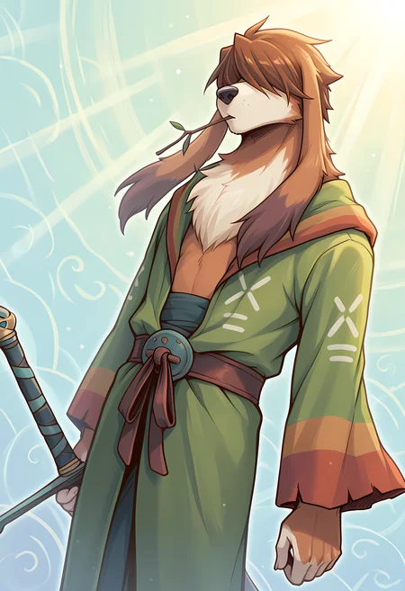 masterpiece, best quality, amazing quality, dutch angle, abstract background, BREAK
1boy, solo, male focus, furry male, bof_scias, brown body, dog boy, long ears, brown hair, hair over eyes, twig in mouth, kimono, sword, BREAK
<lora:cfg_scale_boost:.6> <lora:Scias_-_Breath_of_Fire_IV_-_ILXL:1>