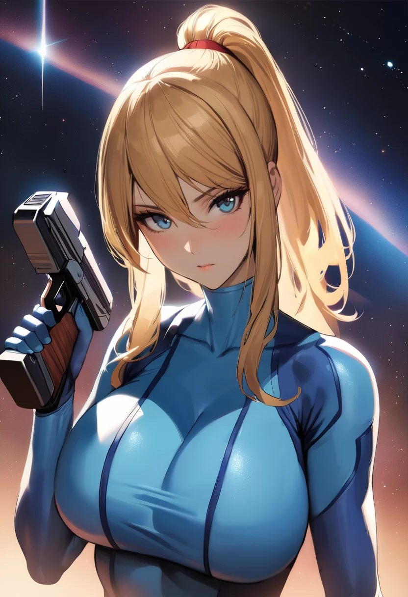 masterpiece, best quality, 1girl, anime style, (realistic:0.2) <lora:samus-xl-nvwls-v1-000007:1> defsamus, blonde hair, bodysuit, blue clothes, upper body, looking at viewer, outer space, hand up, holding handgun, handgun, large breasts