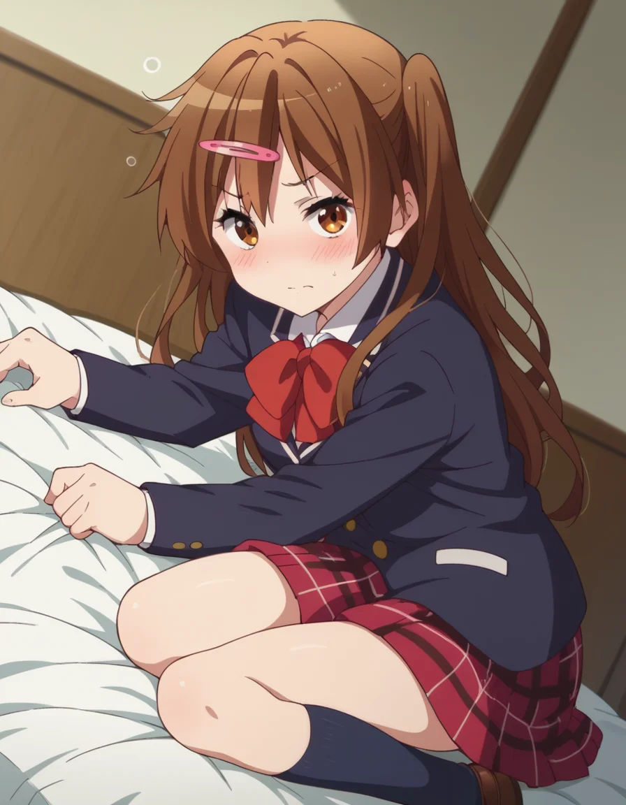 score_9, score_8_up, score_7_up, source_anime,
shinkanibutani, <lora:shinka-nibutani-s2-ponyxl-lora-nochekaiser:1>,
shinka nibutani, long hair, brown hair, hair ornament, brown eyes, hairclip, one side up,
skirt, school uniform, jacket, plaid, kneehighs, plaid skirt, blazer, icho private high school uniform, blue blazer,
indoors, bed, bed room, on side, blush, drunk,
looking at viewer, cowboy shot, dutch angle, solo,