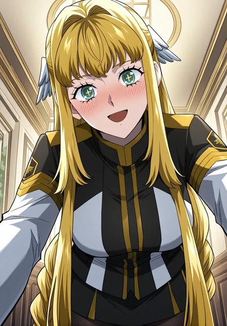 <lora:Dolores_Quovadis__Revenge_of_the_Iron-Blooded_Sword_Hound__Illustrious:1>
Dolores_Quovadis, 1 girl, solo, long hair straight hair, blonde hair, thick braid, long braid, straight fringe, wing hair ornament, green eyes, <lora:DetailedEyes_V3:1>,
Dolores_Quovadis_uniform, academy uniform, black and white uniform, gold trim, high collar, long sleeves, black skirt, black tights, shoulder emblem,
score_9, score_8_up, score_7_up, score_6_up, source_anime, rating_explicit, 1girl, solo, smile, embarrassed, alcalose eyes, open mouth, mansion, indoors, looking at viewer, outstretched arms, pov, close-up, (head tilt:1.2)