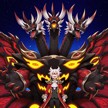 masterpiece,best quality,amazing quality BREAK azi dahaka "daeva",horns,claws,dragon,wings,monster,glowing eyes,glowing,extra eyes,teeth,open mouth,sharp teeth,Three heads,multiple heads,red eyes,starry sky,outdoors BREAK (kyoya gaen:1.2),1boy,male focus,smile,(red coat:0.8),shoulder armor,ascot,waistcoat,black pants,upper body,<lora:Kyoya_Gaen_V2-3:0.9>,