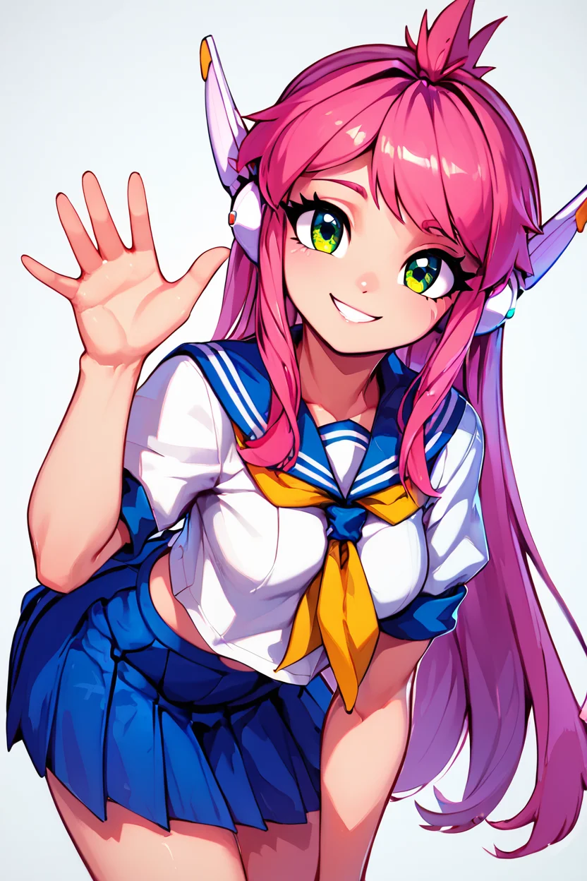 score_9, score_8_up, score_8, medium breasts, (curvy), cute, eyelashes,       BREAK, , zzNukuNuku, green eyes, pink hair, long hair, robot ears, school uniform, serafuku, blue skirt, white shirt, <lora:NukuNuku_PDXL:0.8>, , BREAK, looking at viewer,  smile, waving, upper body, leaning forward, head tilt,  embedding:zPDXL, Expressiveh, <lora:CatalystStylePDXL:0.6>,  <lora:SDXLFaeTastic2400:0.5>,  <lora:Expressive_H-000001:0.4>,