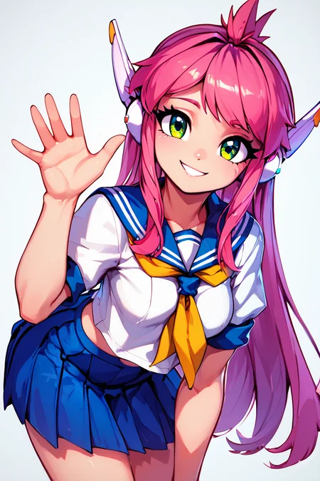 score_9, score_8_up, score_8, medium breasts, (curvy), cute, eyelashes, BREAK, , zzNukuNuku, green eyes, pink hair, long hair, robot ears, school uniform, serafuku, blue skirt, white shirt, <lora:NukuNuku_PDXL:0.8>, , BREAK, looking at viewer, smile, waving, upper body, leaning forward, head tilt, embedding:zPDXL, Expressiveh, <lora:CatalystStylePDXL:0.6>, <lora:SDXLFaeTastic2400:0.5>, <lora:Expressive_H-000001:0.4>,