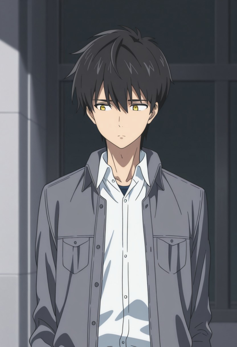 masterpiece,best quality,amazing quality, source_anime, 
KurouSakuragawa, 1boy, male focus, solo, yellow eyes, black hair, shirt, white shirt, collared shirt, jacket, grey jacket, open jacket,