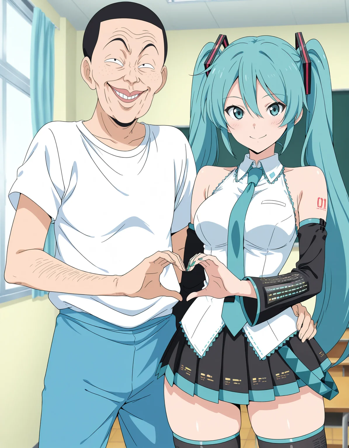 masterpiece, best quality,anime screencap, anime coloring,(portrait,cowboy shot:1.1),
<lora:InachuBoyV10:0.8>InachuBoy,(1boy:1.2),ugly man,hentai,parody,style parody,black hair,buzz cut,black eyes,arm hair,(freckles,teeth,buck teeth,sanpaku:0.8),
t-shirt,white shirt,blue pants,
1girl,hatsune miku,long hair,aqua hair,twintails,hair ornament,sidelocks,hair between eyes,parted bangs,
white shirt,collared shirt,bare shoulders,sleeveless shirt,aqua necktie,detached sleeves,black sleeves,shoulder tattoo,fringe,black thighhighs,miniskirt,pleated skirt,green nail,
smile,(heart hands duo:1.1),standing,hand on anotherâs hip,looking at viewer,classroom,