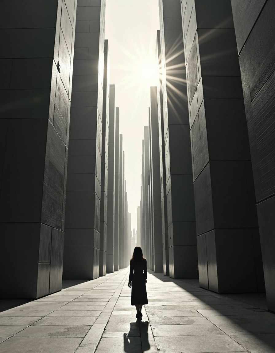 monochromatic art by H. R. (Hans Ruedi) Giger and Orazio Gentileschi, A low-angle view of a geometric cityscape seen from the vantage point of a person on the street level facing the left side of the image. The sun is shining in the middle of the image and its shadow is cast over the streets below it. There are many skyscrapers visible in the image, the buildings are all tall and narrow, the one closest to the camera is slightly taller than the rest. The skyscraper in the bottom right corner of the image is partially visible, the top of that building is much shorter than the rest of the skyline. The sides of the skyscraper are casting long shadows that extend toward the bottom of the image., Ethereal Thai model with fair complexion and luscious, long brunette hair, , complex artistic color composition, dynamic dramatic beautiful full taking, positive emotional, fertile, Surrealism, biomechanical art, Alien franchise, dark and haunting imagery, intricate designs, Italian Baroque, Caravaggism, biblical and mythological subjects, chiaroscuro, dynamic compositions