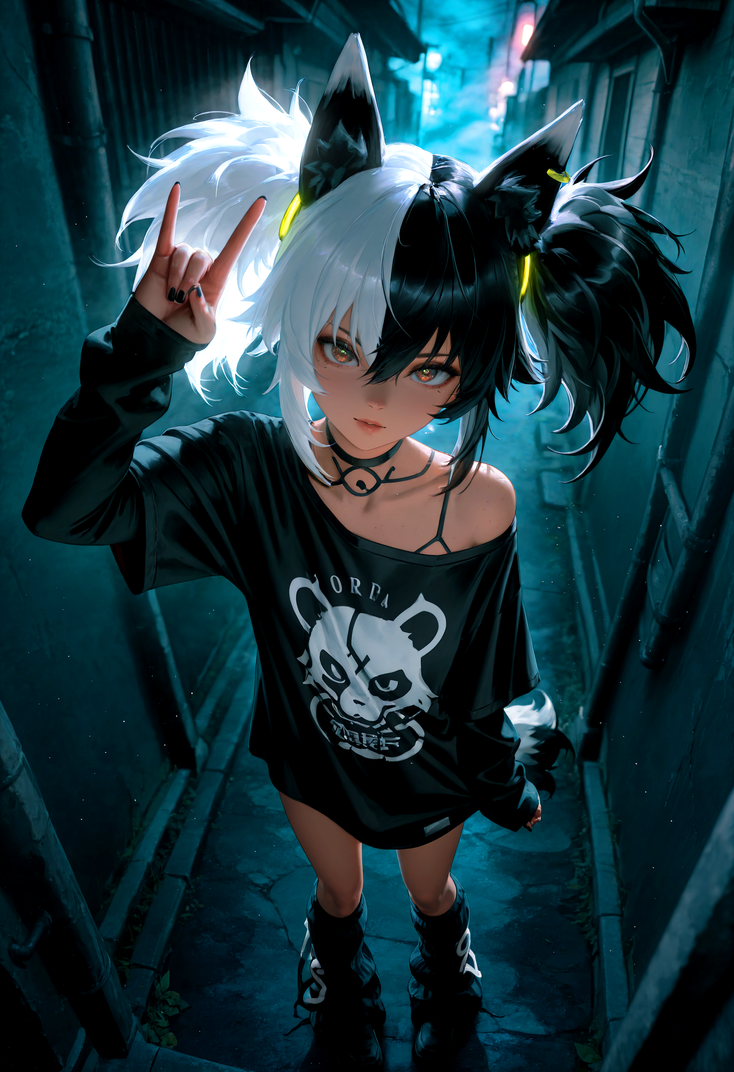 HDR, 8K, high contrast, masterpiece, best quality, amazing quality, very aesthetic, superabsurd res, high resolution, ultra-detailed, absurdres, newest, scenery, (horikoshi kouhei:0.3), (quasarcake:0.3), (wlop:0.3), light rays, chiaroscuro, dynamic angle, from above, hand focus, fisheye, (from behind:1.25), close up, Over-the-Shoulder Shot with Tracking, 1girl, air_kyuu, animal ears, twintails, big hair, black hair, white hair, multicolored hair, two-tone hair, split-color hair, hair between eyes, double \n/, fingernails, black fingernail polish, perfect hands, t-shirt, oversided shirt, (oversized clothes:1.3), baggy t-shirt, loose socks, leg warmers ,wearing edgGrunge_clothing, (colorful), dark alley, fog, night, dark, cyberpunk, godrays, Intricately designed, Mysterious, BREAK, photorealistic, beautiful detailed eyes, detailed skin, detailed hair, volumetric lighting, dappled light, light particles, dramatic shadows, cinematic lighting, photo background, depth of field, <lora:ponyxl\cfg_scale_boost:0.8> <lora:IL\KMS_AIR_Kyuu_IL-000009:0.7> <lora:IL\edgGrungeFreestyleILS:0.8>