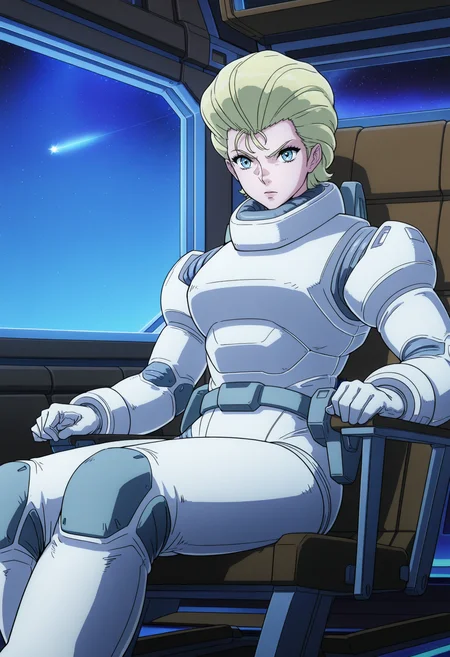 masterpiece, best quality, good quality, <lora:GTBClaudia:0.9>, GTBClaudia, 1girl, solo, blonde hair, short hair, hair slicked back, blue eyes,
white spacesuit, gloves,
sitting, serious,
BREAK spacecraft interior, chair, dark, window, space, star \(sky\),