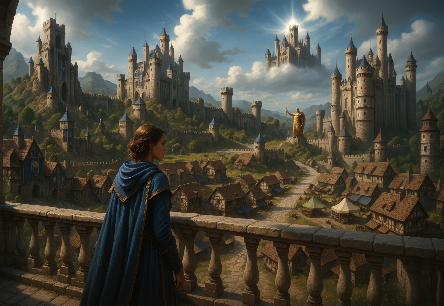 (((score_9, score_8_up, score_7_up, 1girl, cape, blue wearing, solo, mage girl on foreground leaning on the railings)))
, 
((( Castlemb2, outdoors, cloud, sky, fantasy, castle, building, day, complicated shadows, high quality shadows, midday lighting)))
,
((( )))
,
((( )))
,
((( )))
,
((( ))) 
,
((( )))
,
((( )))