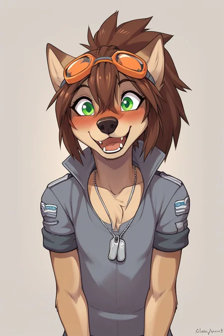 score_9, score_8_up,
source_furry, rating_explicit,
<lora:Wendy_Wolfy-Nail:0.8> w3ndywn, 1girl, female wolf, hair between eyes, spiked hair, green eyes, orange (goggles), animal ears, wolf ears, fingerless gloves, brown hair, blush, black nose, ponytail,
happy, excited,
skinny,
flat chested,
military dog tags,