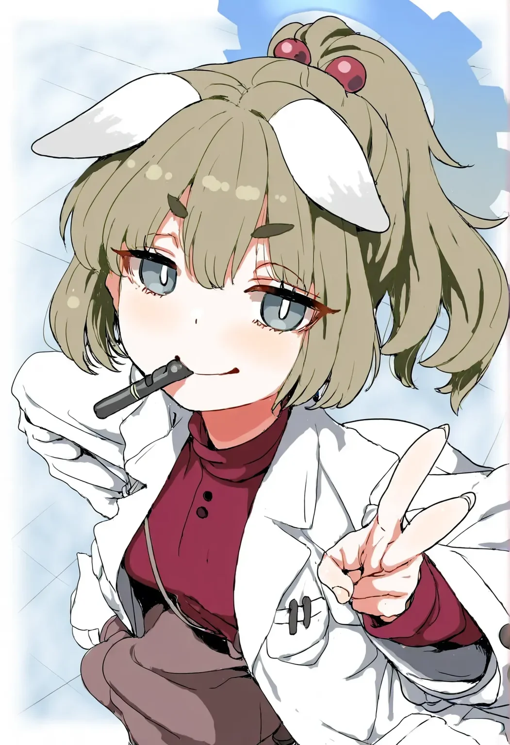 mamezou, clearite, 1girl, yakumo \(blue archive\), thick eyebrows, smug, white pupils, ponytail, hair bobbles, floating clothes, dynamic angle, pen in mouth, lab coat, v, halo, best quality, very aesthetic, <lora:yakumo_(blue archive)_2-000018:1>