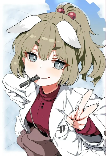 mamezou, clearite, 1girl, yakumo \(blue archive\), thick eyebrows, smug, white pupils, ponytail, hair bobbles, floating clothes, dynamic angle, pen in mouth, lab coat, v, halo, best quality, very aesthetic, <lora:yakumo_(blue archive)_2-000018:1>