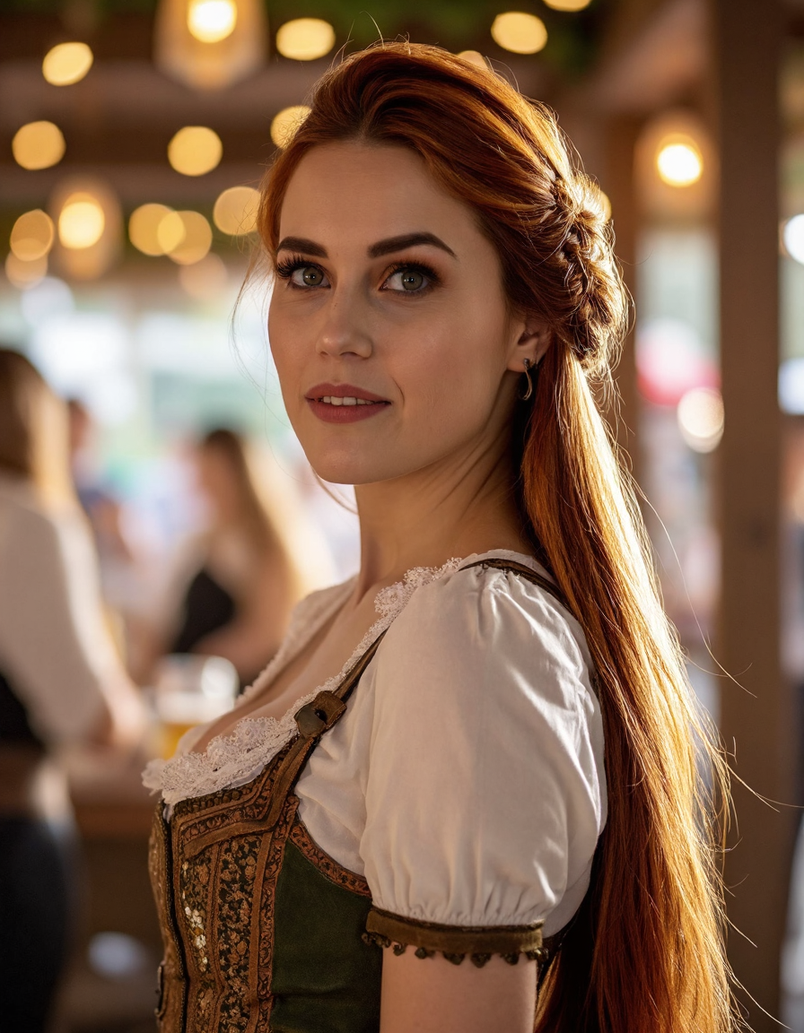 **Prompt:**
A woman  stands proudly in front of a traditional Bavarian backdrop, her long braid cascading down her back like a waterfall. She wears a intricately detailed dirndl attire, complete with delicate lace and embroidery, perfectly capturing the essence of Oktoberfest. Side view.
The camera captures her from a 45-degree angle, emphasizing her slender neck and shoulders as she gazes directly at the viewer. Soft, warm light from a nearby lantern casts a flattering glow on her skin, accentuating her high cheekbones and full lips.
In the background, the real Oktoberfest festivities unfold: revelers in traditional attire dance and sing around tables laden with steins of beer, while others play lively tunes on accordions and brass instruments. The atmosphere is electric, with vibrant colors and sharp lines that create a sense of depth and dimensionality.
As the camera lingers, it becomes clear that this woman is not just any festival-goer â she's the star of the show. Her dirndl attire is immaculately detailed, from the intricate patterns on her apron to the delicate flowers in her hair. Every stitch, every thread, every detail is meticulously rendered, creating a photorealistic masterpiece.
In a stunning double exposure effect, the woman's image is superimposed over a blurred background of revelers and festivities, creating an otherworldly sense of presence. The result is a truly cinematic scene that transports the viewer to the heart of Oktoberfest.
**Technical Specifications:**
* Resolution: 16k UHD
* Aspect Ratio: 1:1
* Frame Rate: 24fps
* Color Space: Rec. 2020
* Lighting: Soft, warm natural light with subtle highlights and shadows
This image is a true masterpiece, showcasing the artist's skill and attention to detail in capturing the essence of Oktoberfest. With its ultra-sharp lines, intricate details, and photorealistic quality, it's sure to be an award-winning work that leaves a lasting impression on all who see it.