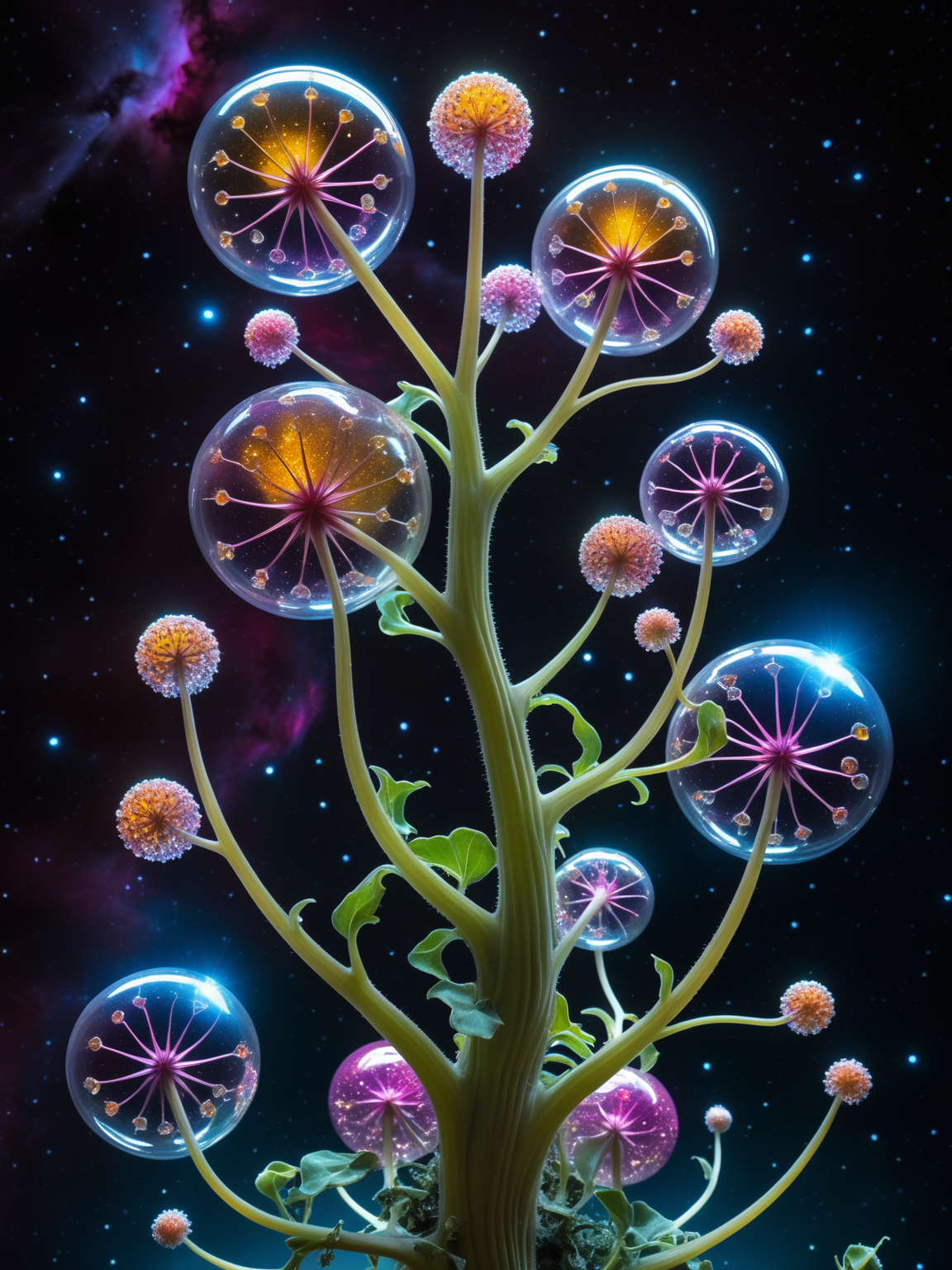 Deep in space, there's a biomechanical garden. Plants with metallic stems and leaves made of crystal bloom under alien stars. Flowers with petals that look like intricately patterned glass rotate in Fibonacci sequences. Trees with neon sap running through their veins stand tall against the cosmic background, their branches holding glowing fruit resembling multidimensional orbs
<lora:fractal-art.v1:0.8>