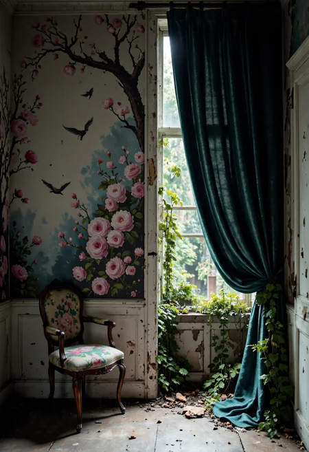 A moody, abandoned interior with an elegant, vintage aesthetic. A richly textured wall mural featuring delicate branches, blooming pink and white roses, and a solitary bird in flight evokes a sense of faded beauty. The wall shows signs of decay, with cracked plaster and exposed brick adding a raw, worn character to the room. A single ornate wooden chair with a floral-patterned seat cushion sits in front of the mural, casting soft shadows. Heavy, dark teal velvet curtains are tied to the side, partially revealing an old wooden door with distressed paint that opens to an overgrown garden, where creeping plants and scattered leaves spill into the room. Dappled natural light filters through the doorway, creating a melancholic ambiance. Style influences include dark academia, romantic decay, and vintage European elegance. in the style of Jed-clrfl <lora:flux-colourful:0.3> <lora:Sinfully_Stylish_.02_for_FLUX:0.6> <lora:FluxDFaeTasticDetails:0.5>