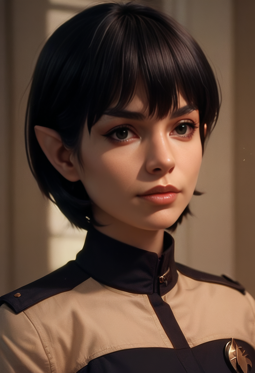 source_9, source_8_up, source_7_up, source_6_up, vulc4n, portrait, 1girl, pointy eyebrows, bangs, black hair, short hair, wearing a uniform  <lora:vulc4n-v4:1>