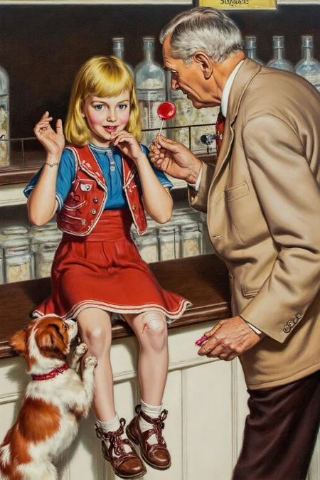 walterbaumhofer1 painting.
In a pharmacy, a blonde child in a red vest and blue dress sits on a counter, holding up a bandaged little finger. An elderly man, shown in side profile, wearing a beige suit, stands beside her, offering her a red lollipop. In the bottom left corner, a small dog stands with its paws on the girl's leg.
 <lora:walterbaumhofer1_cap_d8a4e12:1.0><lora:849111571870306315:0>