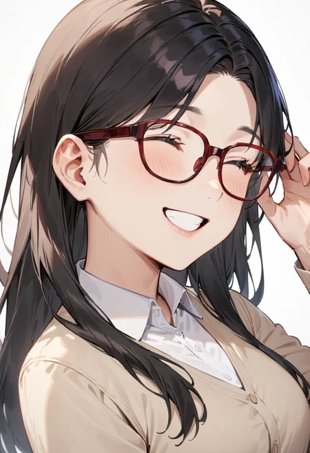 masterpiece, best quality, very aesthetic, absurdres,
1girl, solo, black hair, long hair,
Wellington22A, glasses, red-framed eyewear,
collared shirt, happy, smile, looking at another, adjusting eyewear, white background, simple background,
<lora:glasses_Wellington_cellframe1_SDXL_V1:0.8>