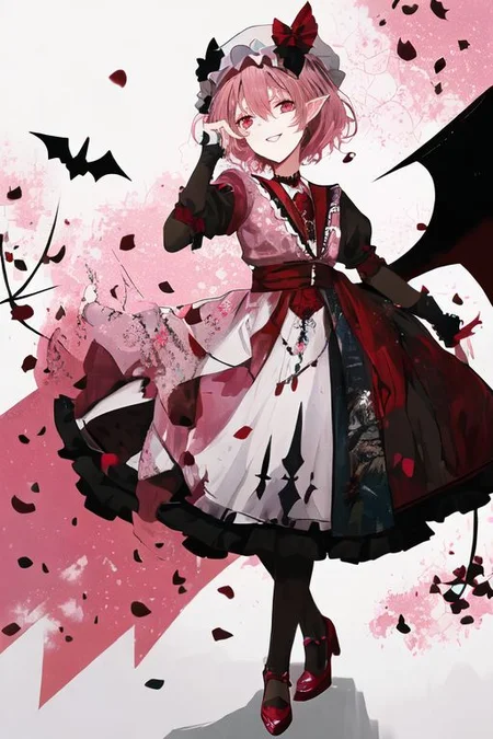 embroidery, jewelery, gown, frills, gloves/elbow gloves, high heels/shoes, pantyhose/thighhighs, remilia_scarlet_(koumajou_densetsu), solo, 1girl, smile, short_hair, shirt, red_eyes, bow, blush, hat, ribbon, dress, hair_ornament, frills, blue_hair, jewelry, puffy_sleeves, short_sleeves, red_bow, wings, mob_cap, nail_polish, pink_eyes, flower, ascot, pantyhose, sidelocks, detached_sleeves, hat_ribbon, shoes, pointy_ears, grin, wrist_cuffs, bat_wings, sword, fingernails, white_headwear, black_pantyhose, high_heels, hat_bow, collar, fang, sash, black_gloves, choker, petals, white_dress, fingerless_gloves, polearm, lips, hair_flower, expressionless, frilled_sleeves, hat_flower, brooch, pink_dress, red_sash, armband, sharp_fingernails, frilled_dress, collared_dress, coat, wing_collar, red_footwear, spear_the_gungnir, long_fingernails, light_purple_hair, eyelashes, bridal_gauntlets, cross, clenched_teeth