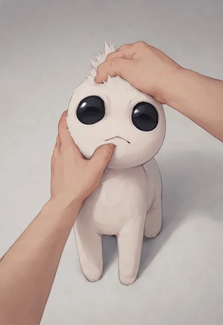 score_8_up, white creature, black eyes, four legs, tbhcreature, solo, pov petting, head pat
