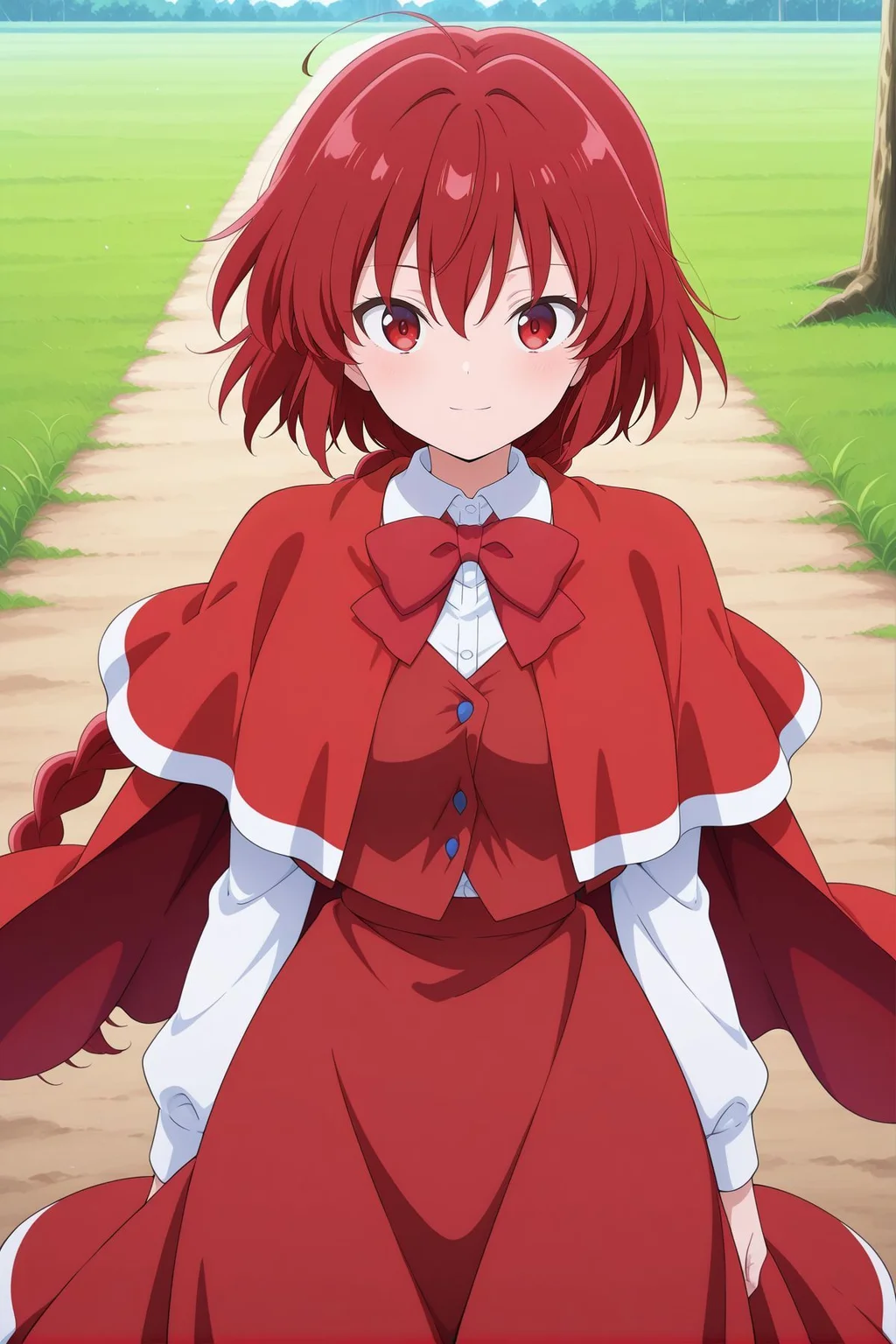 absurdres, highres, masterpiece, best quality, amazing quality, official anime artwork, screencap, anime screencap, outdoors, looking at viewer, light smile, dynamic pose, standing,
<lora:Yumemi-Okazaki_Illustrious:1> okazaki yumemi, 1girl, solo, red eyes, red hair, long hair, single braid,, red bowtie, red capelet, red cape, white shirt, long sleeves, red vest, red skirt,