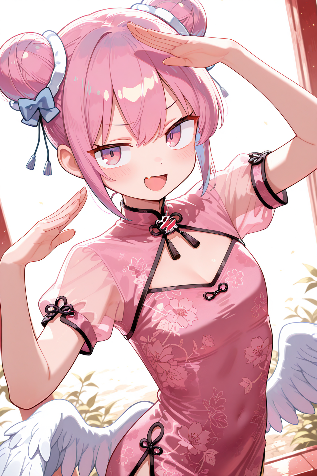 1girl,
DadadadaTenshiMusicVideo, Royal_Girly_China_Dress,
solo, dutch angle, half body,
dress, short sleeves, pink dress, chinese clothes, floral print, china dress, clothing cutout, white puffy sleeves,
cleavage cutout, see-through,
pose, looking at viewer, \:D, skin fang,
chinese,
depth of field,
<lora:kp_DadadadaTenshiMusicVideoIllustrious_v1_0:1.0>,
<lora:Royal_Girly_China_Dress-10:0.8>,
masterpiece, best quality, amazing quality