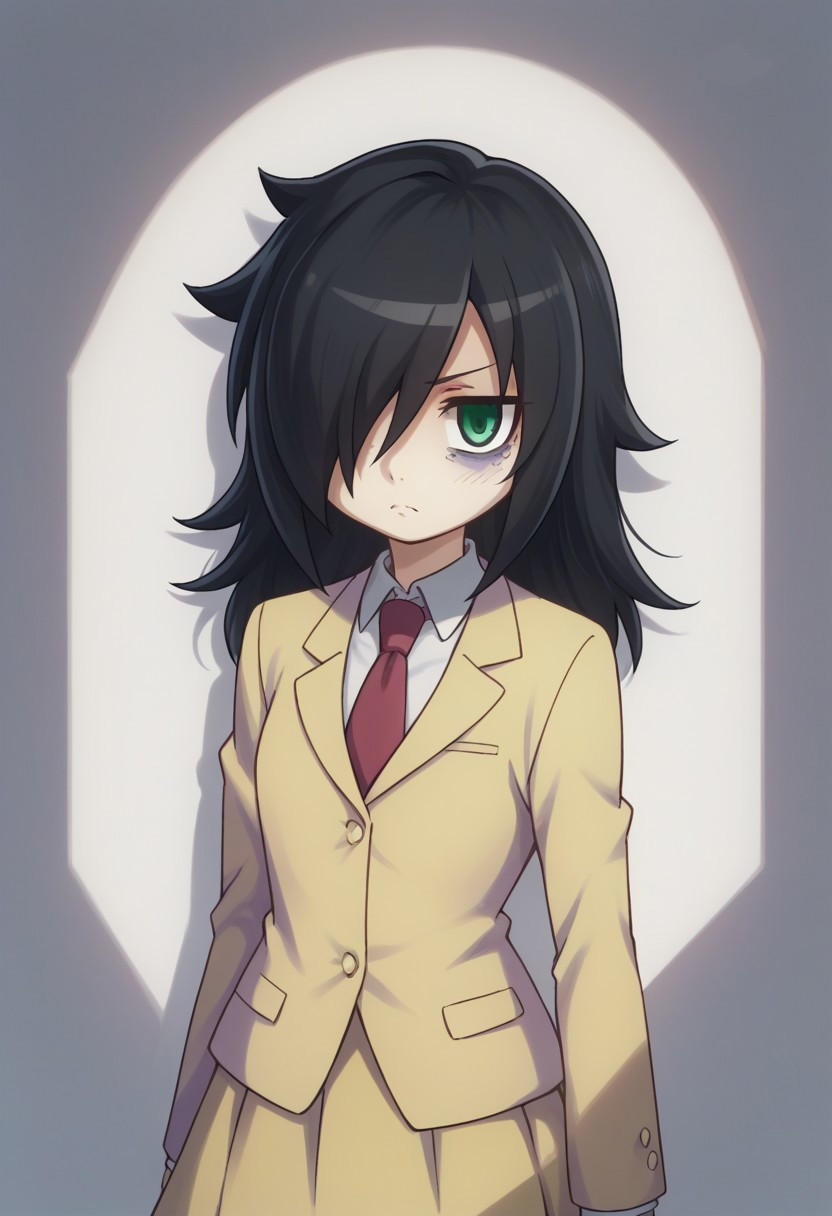 score_9, score_8_up, score_7_up, source_anime, highly detailed, 
tomoko, 1girl, solo, black hair, school uniform, bags under eyes, hair over one eye, necktie, green eyes, skirt, long hair, upper body, blazer, jacket, 
indoor,