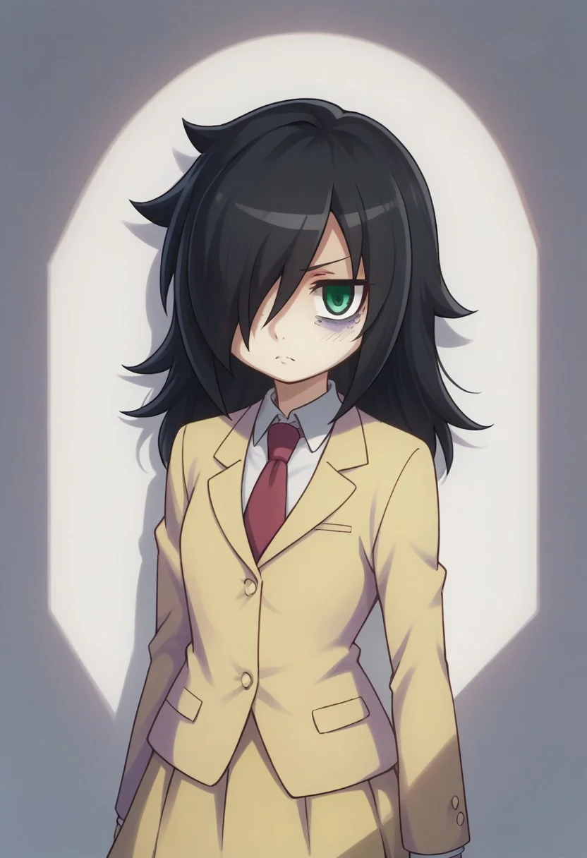 score_9, score_8_up, score_7_up, source_anime, highly detailed,
tomoko, 1girl, solo, black hair, school uniform, bags under eyes, hair over one eye, necktie, green eyes, skirt, long hair, upper body, blazer, jacket,
indoor,