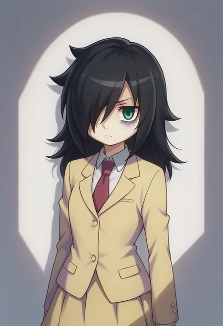 score_9, score_8_up, score_7_up, source_anime, highly detailed,
tomoko, 1girl, solo, black hair, school uniform, bags under eyes, hair over one eye, necktie, green eyes, skirt, long hair, upper body, blazer, jacket,
indoor,