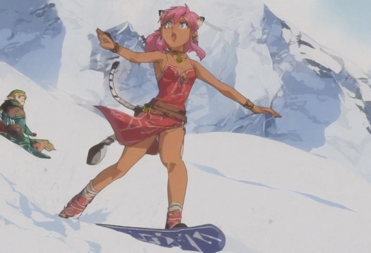 Pink_DragonPink, 1girl, sleeveless dress, white tiger print dress, pelvic curtain, cleavage, cat bell necklace, white tiger tail, red sash, small breasts, leather shoes, masterpiece, very aesthetic, <lora:pink-illustrious:1>, 
Break
1boy,Anime screencap,link (zelda),blonde hair,blue eyes,pointy ears, low ponytail, sidelocks, wearing blue hyilian tunic,
Break
Peak of tall snowy mountain, standing in the snow, during a sunny day, pink and link snowboarding on hylian shields, snowboard, snowboards are shields, snowboarding down mountain, sharp decline, leaving a trail through the snow,