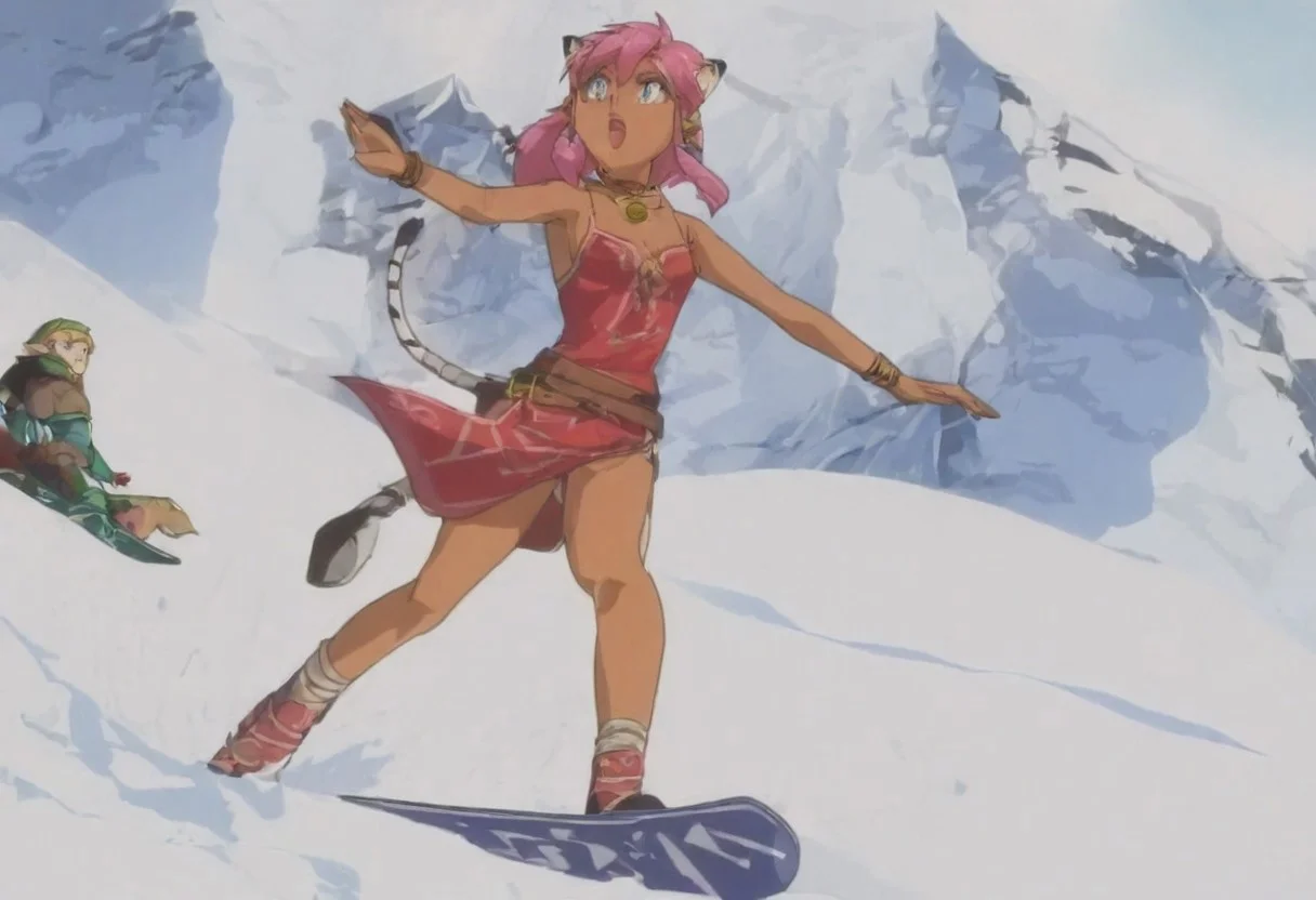Pink_DragonPink, 1girl, sleeveless dress, white tiger print dress, pelvic curtain, cleavage, cat bell necklace, white tiger tail, red sash, small breasts, leather shoes, masterpiece, very aesthetic, <lora:pink-illustrious:1>,
Break
1boy,Anime screencap,link (zelda),blonde hair,blue eyes,pointy ears, low ponytail, sidelocks, wearing blue hyilian tunic,
Break
Peak of tall snowy mountain, standing in the snow, during a sunny day, pink and link snowboarding on hylian shields, snowboard, snowboards are shields, snowboarding down mountain, sharp decline, leaving a trail through the snow,